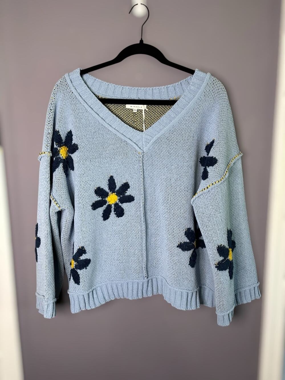 Miracle Blue Floral V Neck Oversized Sweater Size XS/S